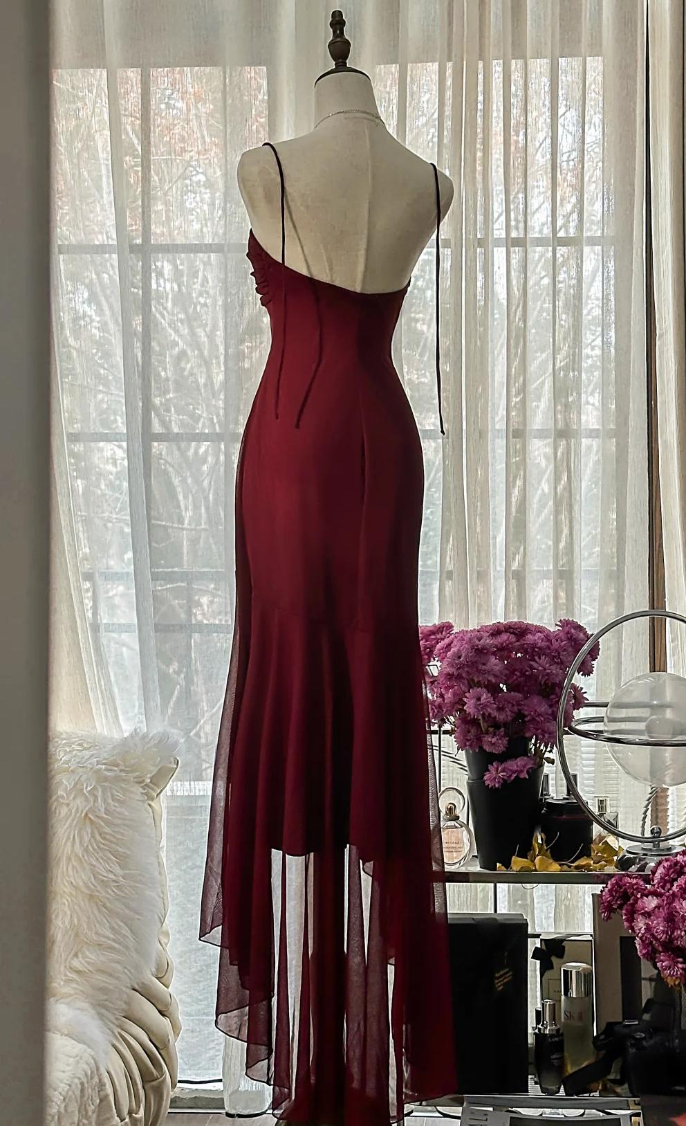 Vintage Red Mermaid Strapless Chiffon Prom Dress Graduation Prom Dress