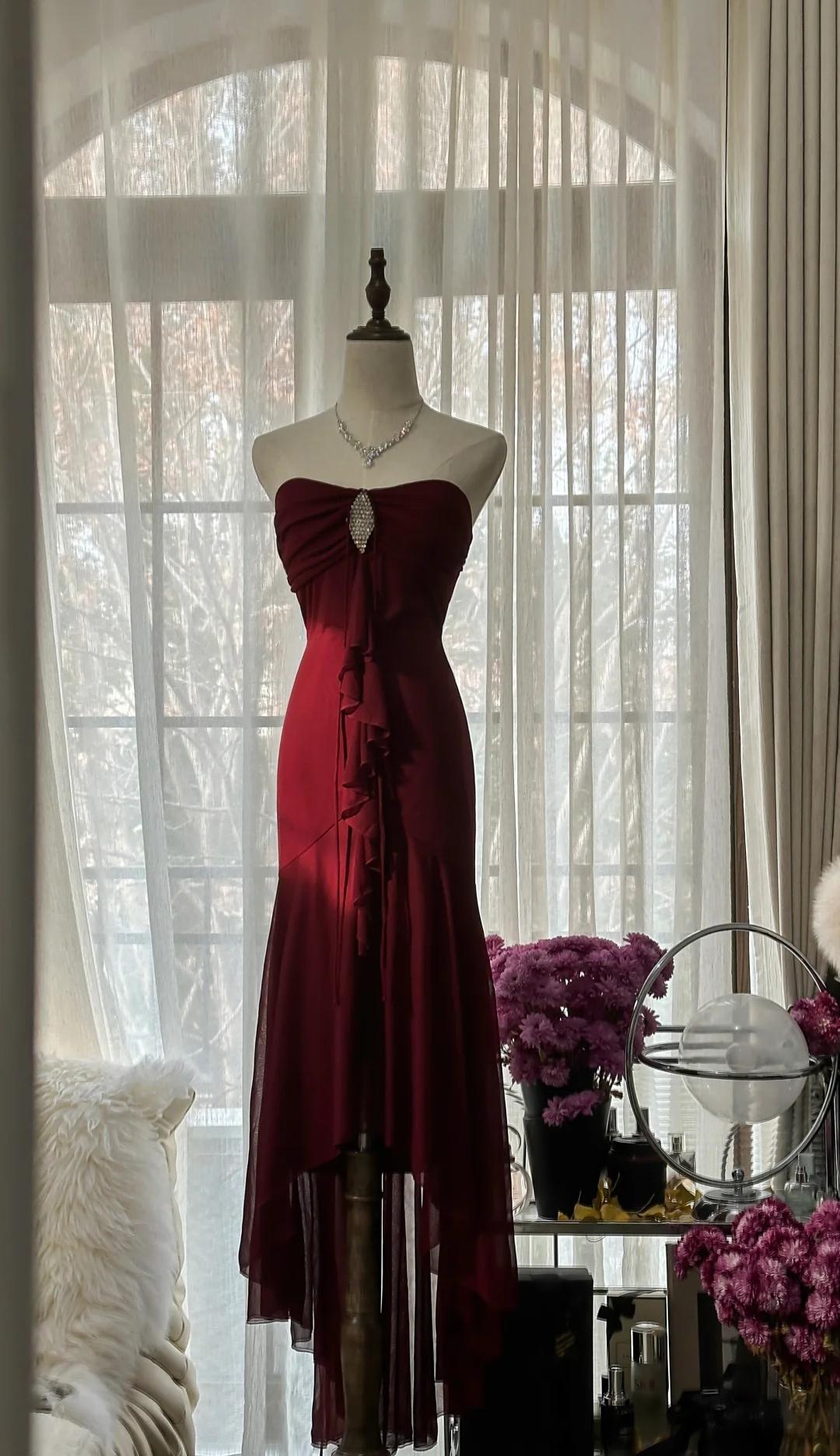 Vintage Red Mermaid Strapless Chiffon Prom Dress Graduation Prom Dress
