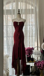 Vintage Red Mermaid Strapless Chiffon Prom Dress Graduation Prom Dress