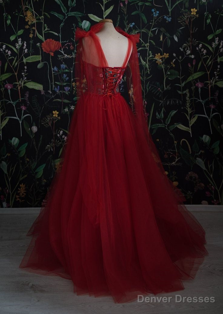 Vintage Red Tulle Prom Dress,Women Evening Gowns with Flowers Main image