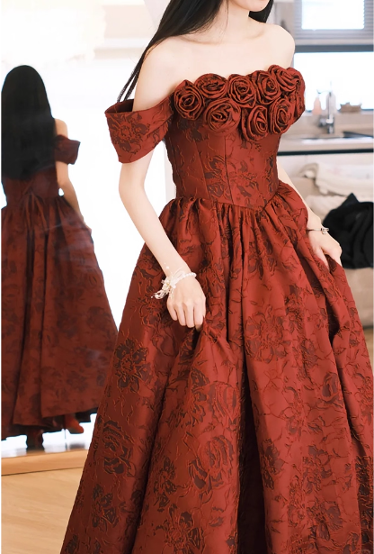 Vintage Rose Burgundy Off-The-Shoulder Jacquard Satin Long Prom Dress Evening Dress