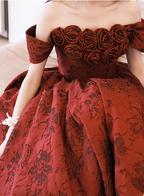 Vintage Rose Burgundy Off-The-Shoulder Jacquard Satin Long Prom Dress Evening Dress