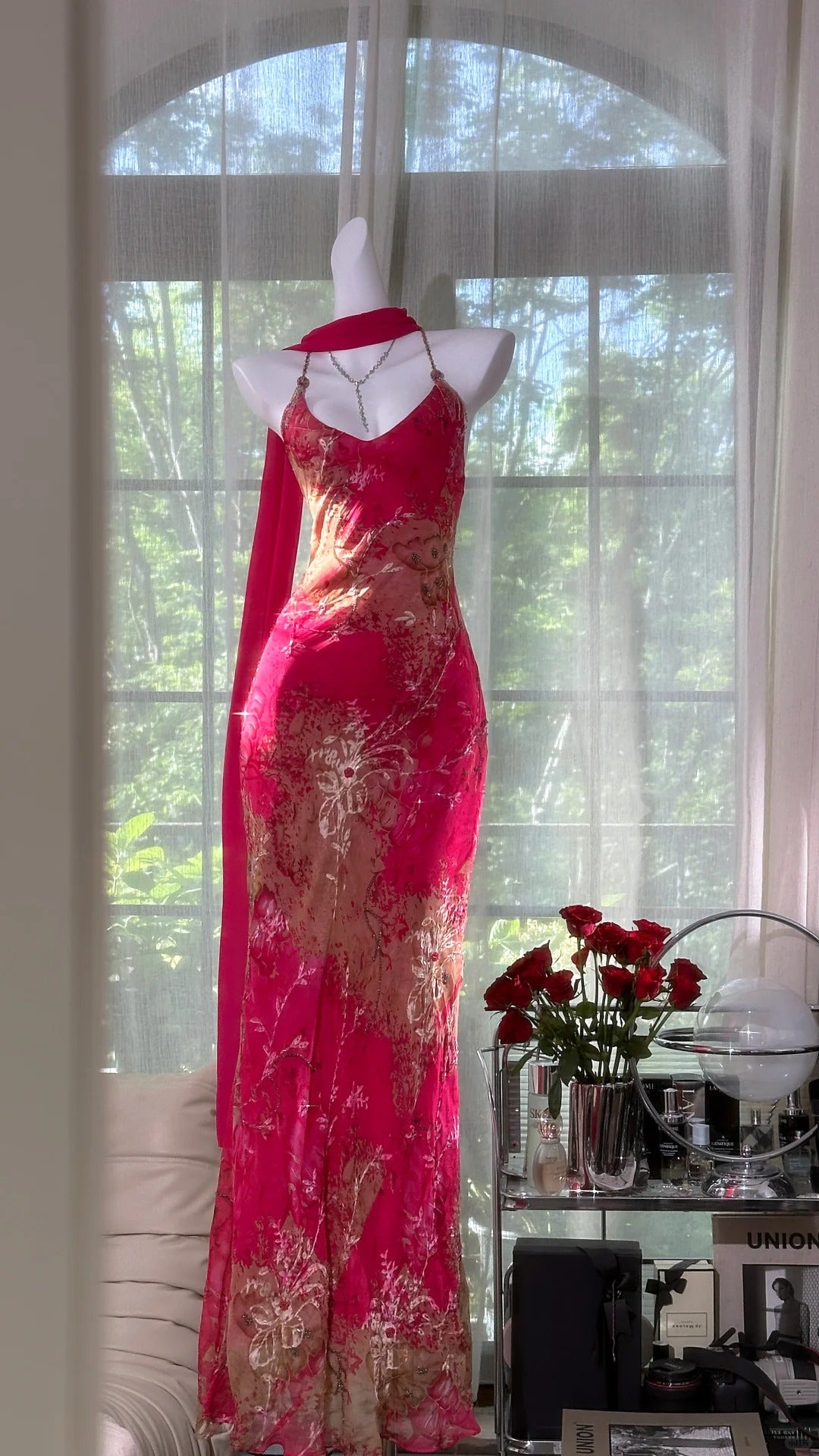 Vintage Rose Pink Floral Mermaid Backless Chiffon Long Prom Dress Evening Dress Main image