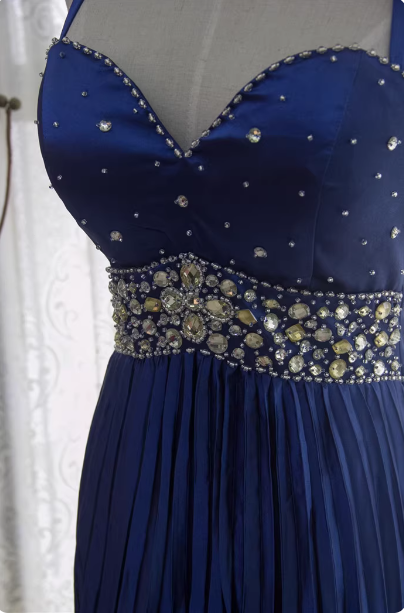 Vintage Royal Blue A-Line Halter Neck Rhinestone Satin Long Prom Dress Evening Dress