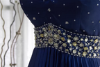Vintage Royal Blue A-Line Halter Neck Rhinestone Satin Long Prom Dress Evening Dress
