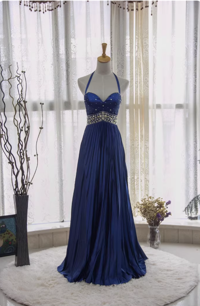 Vintage Royal Blue A-Line Halter Neck Rhinestone Satin Long Prom Dress Evening Dress