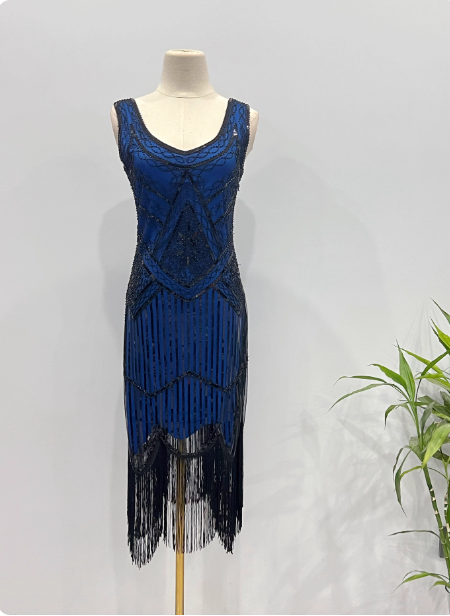 Vintage Royal Blue / Emerald Green Slim-Fit Spaghetti Strap Fringe Sequin Midi Prom Dress Evening Dress Secondary image