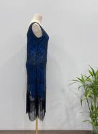 Vintage Royal Blue / Emerald Green Slim-Fit Spaghetti Strap Fringe Sequin Midi Prom Dress Evening Dress