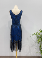 Vintage Royal Blue / Emerald Green Slim-Fit Spaghetti Strap Fringe Sequin Midi Prom Dress Evening Dress