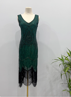 Vintage Royal Blue / Emerald Green Slim-Fit Spaghetti Strap Fringe Sequin Midi Prom Dress Evening Dress