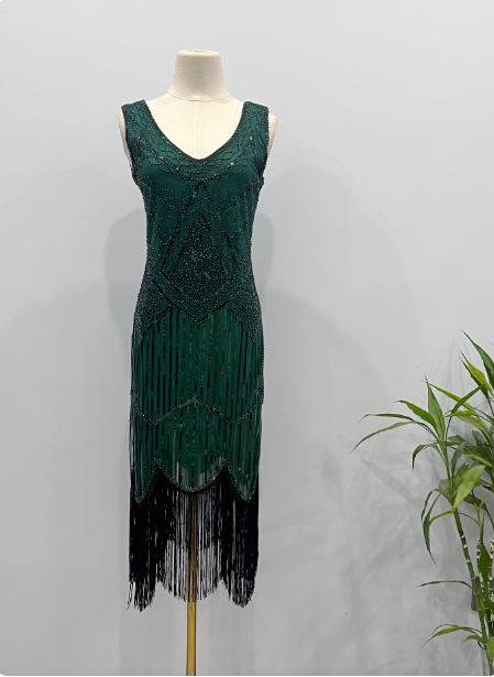 Vintage Royal Blue / Emerald Green Slim-Fit Spaghetti Strap Fringe Sequin Midi Prom Dress Evening Dress