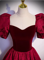 Vintage Royal Burgundy A-Line Puff Sleeve Velvet Satin Long Prom Dress Evening Dress
