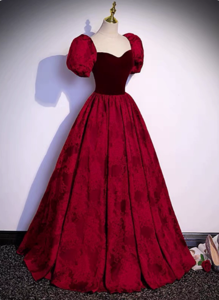 Vintage Royal Burgundy A-Line Puff Sleeve Velvet Satin Long Prom Dress Evening Dress