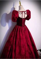 Vintage Royal Burgundy A-Line Puff Sleeve Velvet Satin Long Prom Dress Evening Dress
