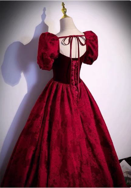 Vintage Royal Burgundy A-Line Puff Sleeve Velvet Satin Long Prom Dress Evening Dress