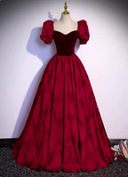 Vintage Royal Burgundy A-Line Puff Sleeve Velvet Satin Long Prom Dress Evening Dress
