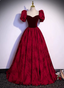 Vintage Royal Burgundy A-Line Puff Sleeve Velvet Satin Long Prom Dress Evening Dress