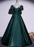 Vintage Royal Emerald Green Crew Neck A-Line Embroidered Satin Long Prom Dress Evening Dress