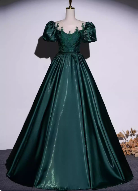 Vintage Royal Emerald Green Crew Neck A-Line Embroidered Satin Long Prom Dress Evening Dress Main image