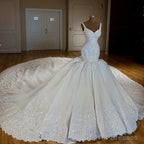 Vintage Royal Train Satin Mermaid V-Neck Wedding Dresses Lace Embroidery