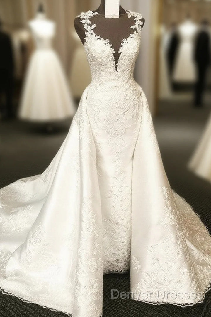 Vintage Scoop Neck Sweep Train Satin Mermaid Wedding Dress Lace Embroidery Main image