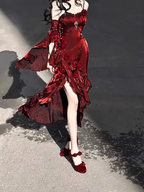 Vintage Sheath Irregular Ruffled Spaghetti Straps Women'S Burgundy Birthday Party Dress With Sleeves