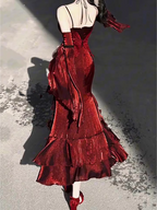 Vintage Sheath Irregular Ruffled Spaghetti Straps Women'S Burgundy Birthday Party Dress With Sleeves