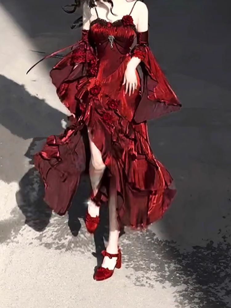 Vintage Sheath Irregular Ruffled Spaghetti Straps Women'S Burgundy Birthday Party Dress With Sleeves