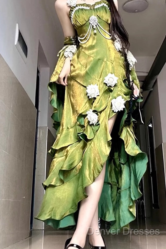 Vintage Sheath Irregular Ruffled Spaghetti Straps WomenS Green Birthday Party Dress Secondary image