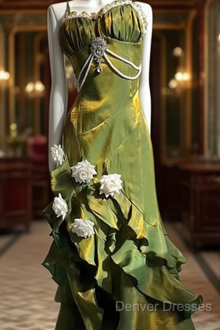 Vintage Sheath Irregular Ruffled Spaghetti Straps WomenS Green Birthday Party Dress Main image