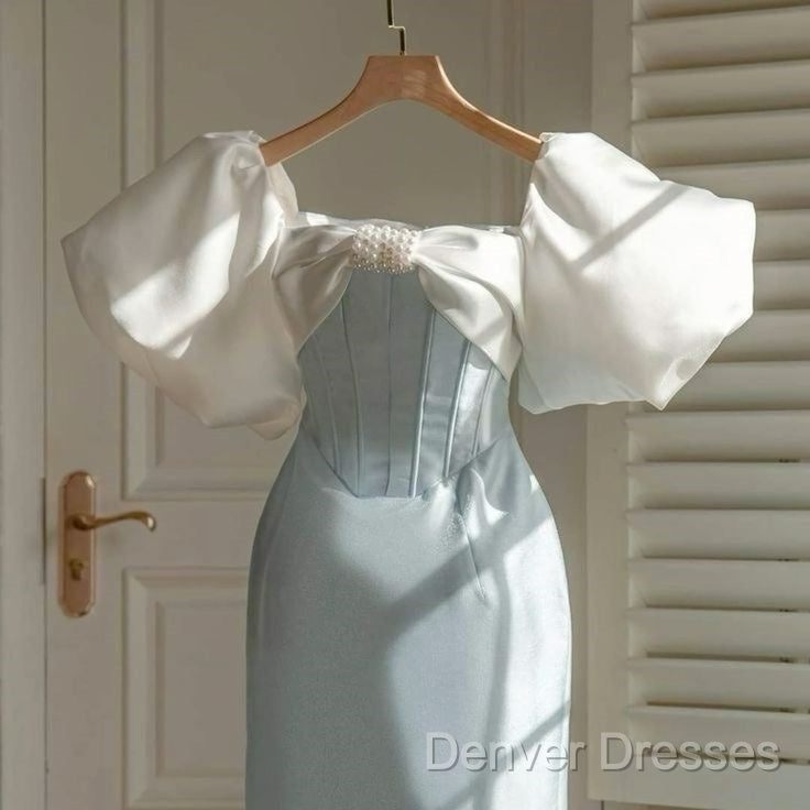 Vintage Sheath Light Sky Blue Satin Prom Dress Evening Dress