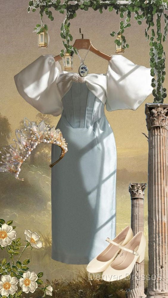 Vintage Sheath Light Sky Blue Satin Prom Dress Evening Dress