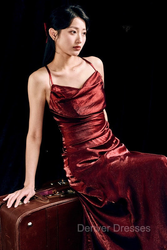 Vintage Sheath Spaghetti Straps Burgundy Ankle Length Prom Dress Birthday Outfits