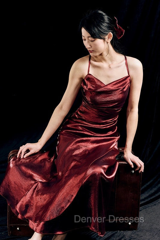 Vintage Sheath Spaghetti Straps Burgundy Ankle Length Prom Dress Birthday Outfits