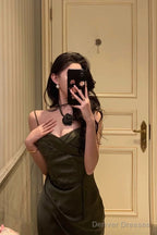 Vintage Sheath Spaghetti Straps Green Satin Long Prom Dresses Evening Gowns