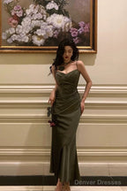 Vintage Sheath Spaghetti Straps Green Satin Long Prom Dresses Evening Gowns