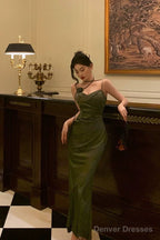 Vintage Sheath Spaghetti Straps Green Satin Long Prom Dresses Evening Gowns