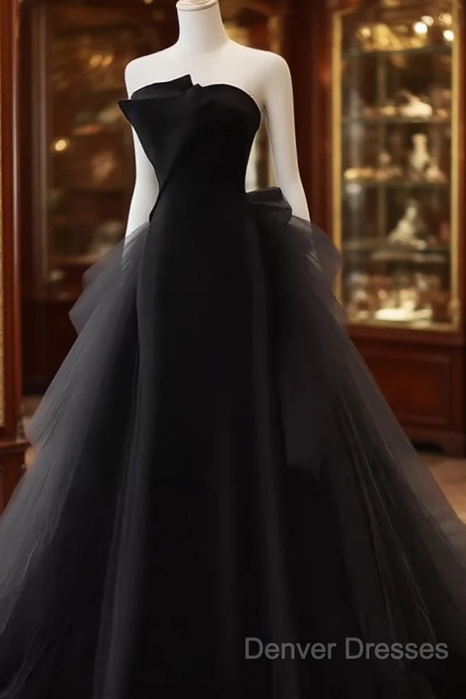 Vintage Sheath Strapless Satin Black Tulle Long Prom Dress Formal Dress Main image