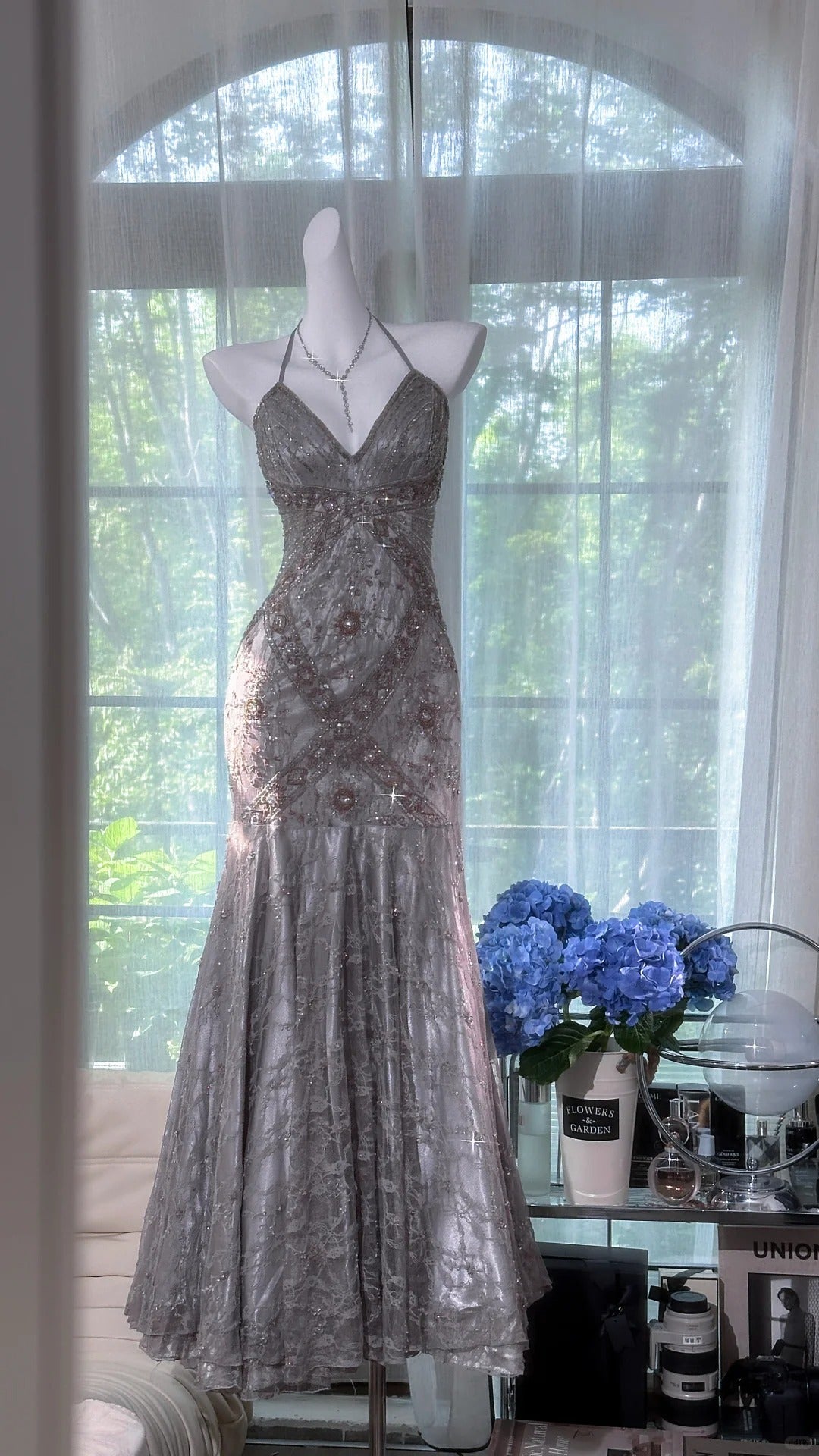 Vintage Silver-Grey Mermaid Backless Beaded Lace Long Prom Dress Evening Dress Secondary image