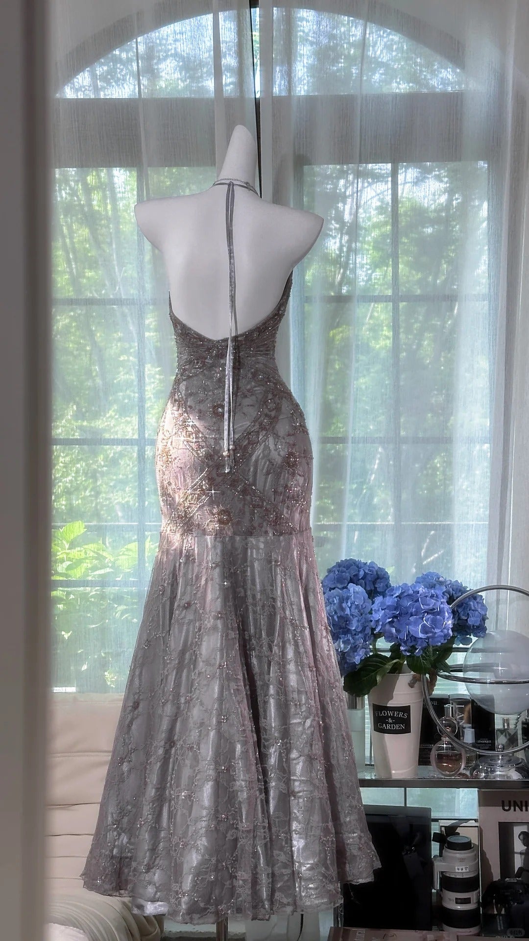Vintage Silver-Grey Mermaid Backless Beaded Lace Long Prom Dress Evening Dress