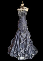 Vintage Grey Mermaid Spaghetti Strap Satin Train Prom Dress Evening Dress