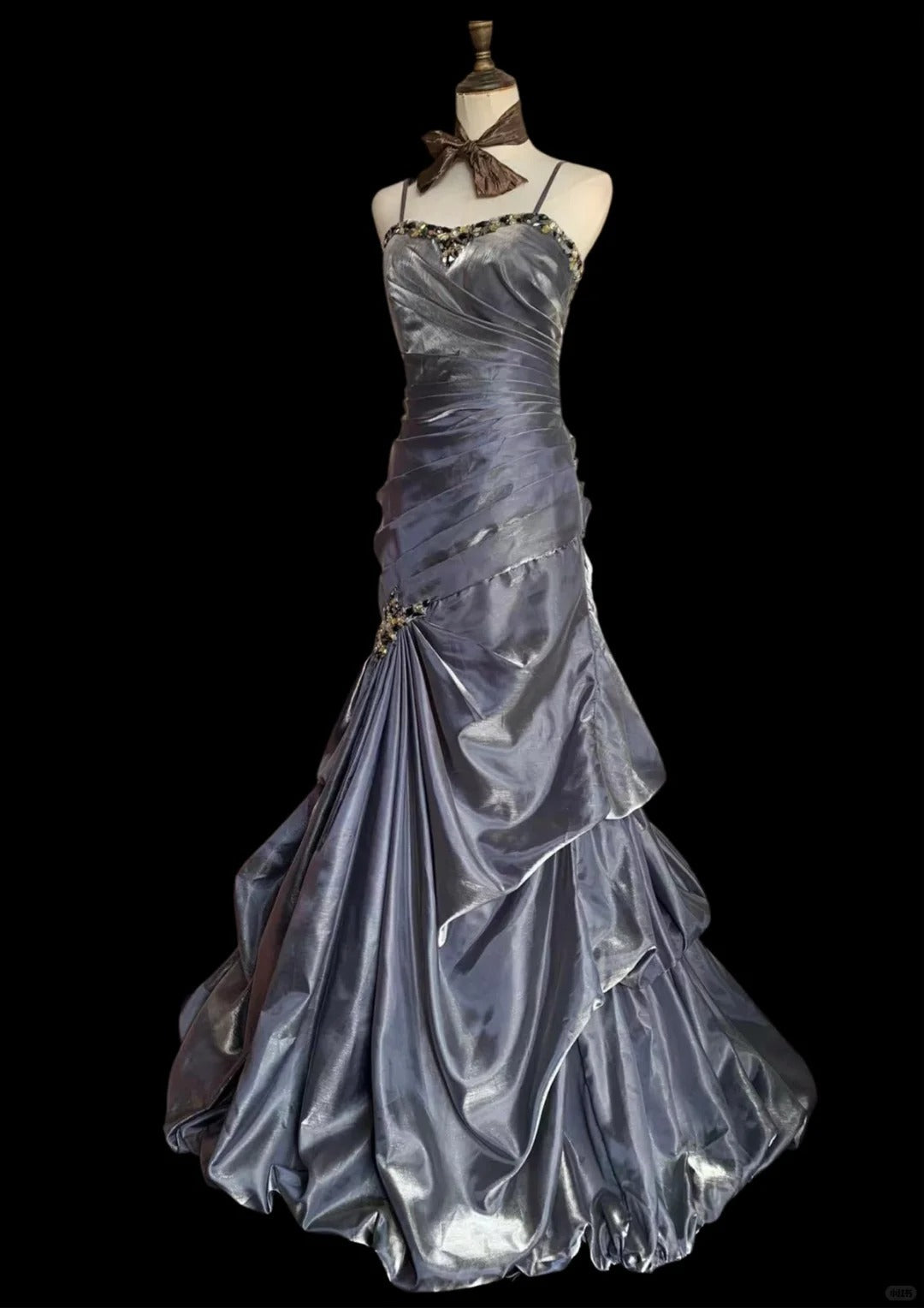 Vintage Grey Mermaid Spaghetti Strap Satin Train Prom Dress Evening Dress