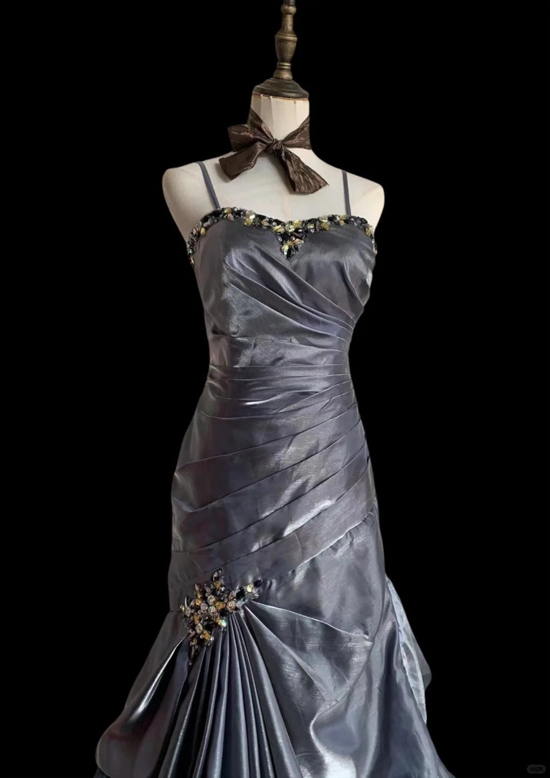 Vintage Grey Mermaid Spaghetti Strap Satin Train Prom Dress Evening Dress