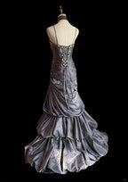 Vintage Grey Mermaid Spaghetti Strap Satin Train Prom Dress Evening Dress