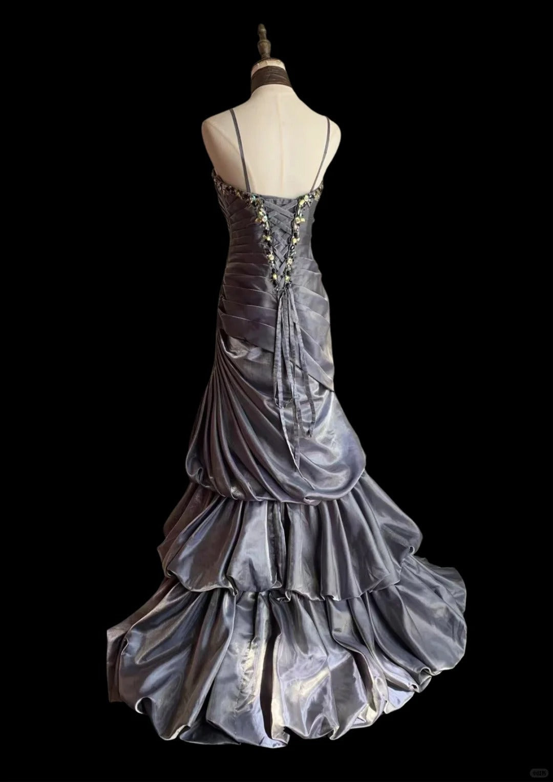 Vintage Grey Mermaid Spaghetti Strap Satin Train Prom Dress Evening Dress