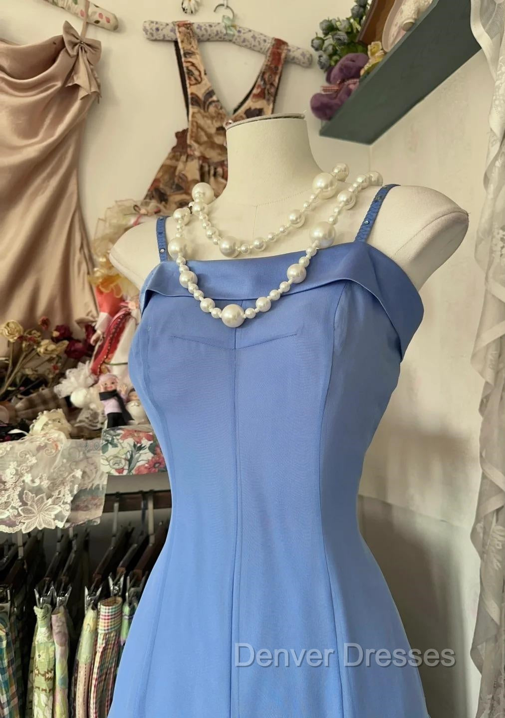 Vintage Soft Blue Spaghetti Strap A-Line Chiffon Birthday Prom Dress Pretty Graduation Dress Secondary image