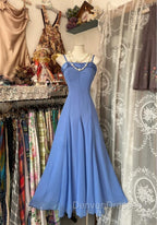 Vintage Soft Blue Spaghetti Strap A-Line Chiffon Birthday Prom Dress Pretty Graduation Dress
