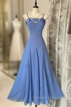 Vintage Soft Blue Spaghetti Strap A-Line Chiffon Birthday Prom Dress Pretty Graduation Dress