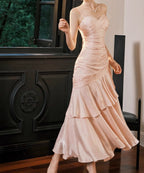 Vintage Spaghetti Straps Blue Chiffon Satin  Ruffles Long Prom Dress Fairytale Evening Dress
