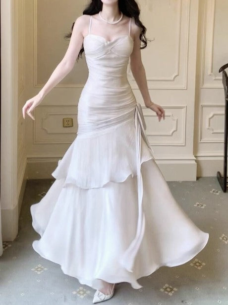 Vintage Spaghetti Straps Blue Chiffon Satin  Ruffles Long Prom Dress Fairytale Evening Dress